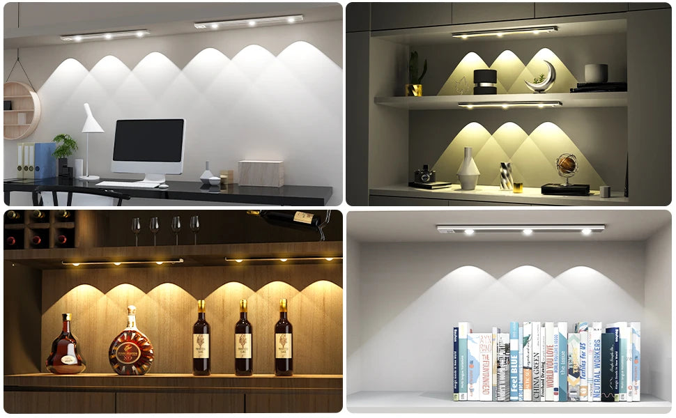 Wireless Ultra Thin Motion Sensor LED Cabinet Light Dimmable Lamp USB Rechargeable 3 Colors for Kitchen Wardrobe Bedroom Stairs