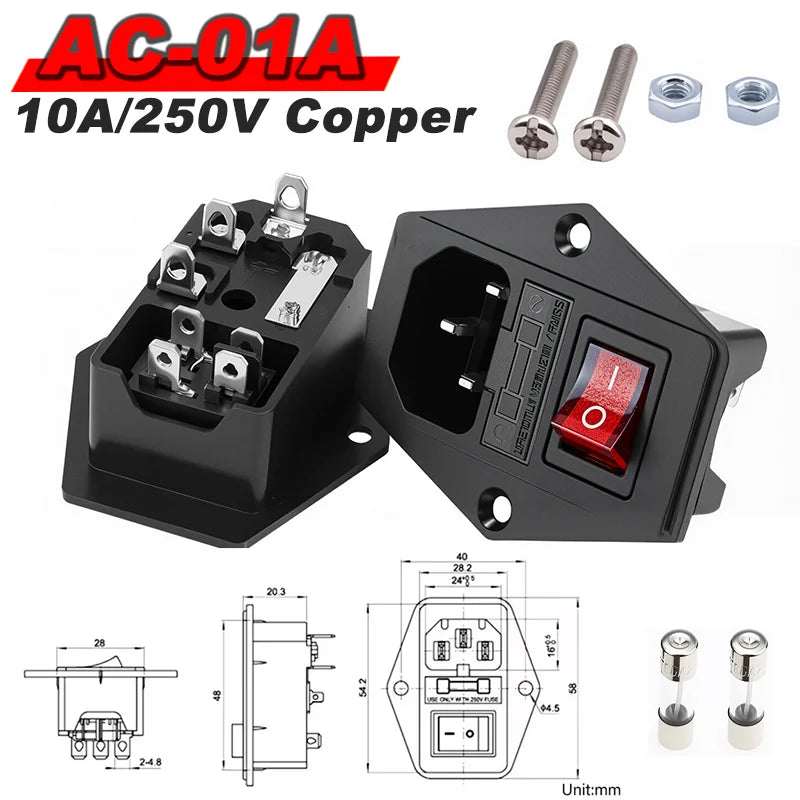 IEC 320 C13 C14 AC Inlet Power Plug Socket 250V 10A Fuse Red Lamp Rocker Switch Rewirable 3Pin Electrical Male Female Connector