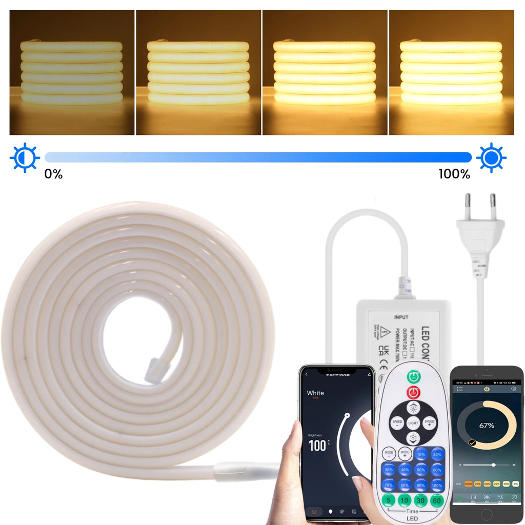 220V Smart COB Strip LED Neon Light 10M 20M 30M 288Leds/m WIFI Bluetooth Dimmable Tape IP67 Waterproof Rope For Room Outdoor