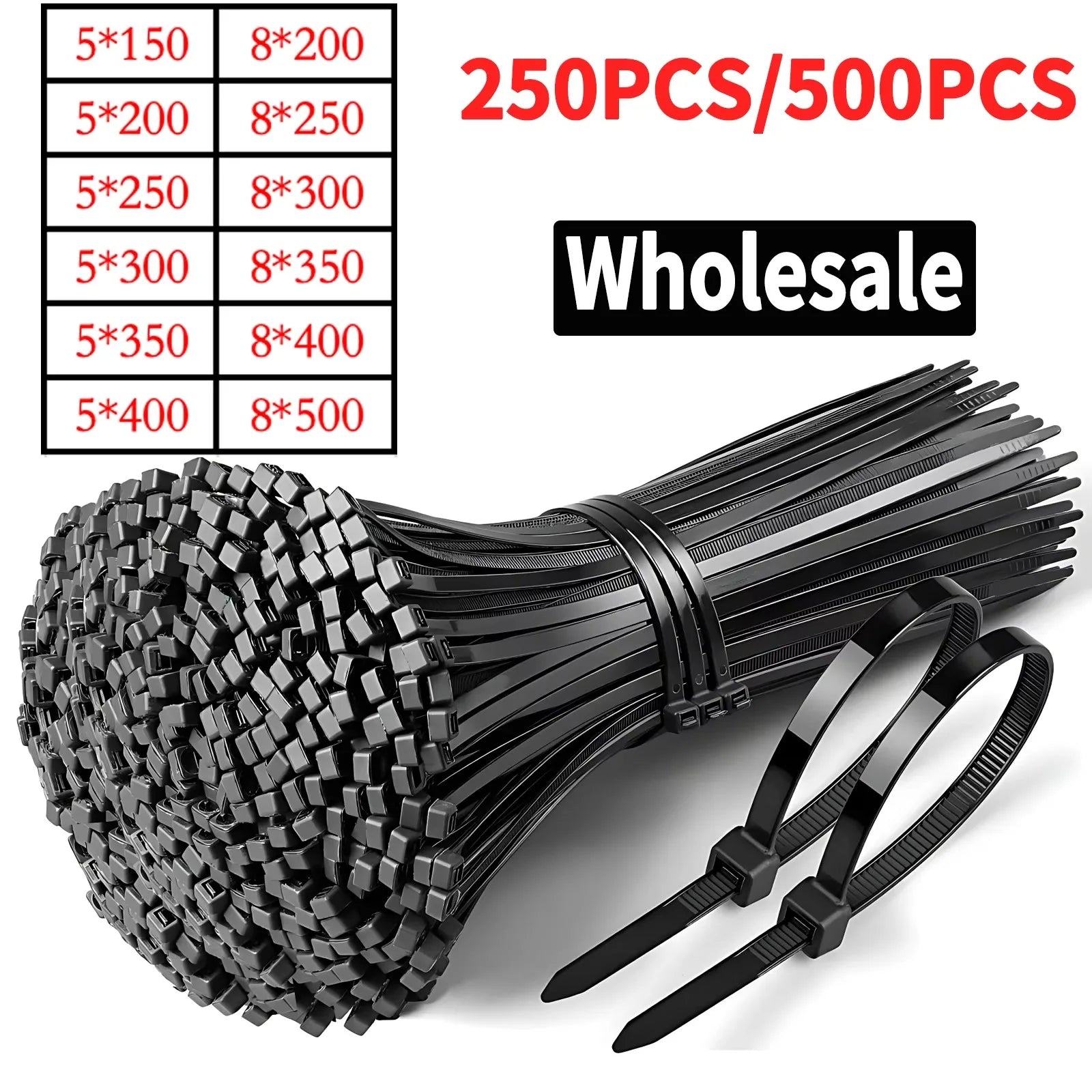 Bulk Self-Locking Nylon Cable Ties 5x200mm 500mm Black | Heavy Duty Weatherproof Zip Ties for Home/Factory Use
