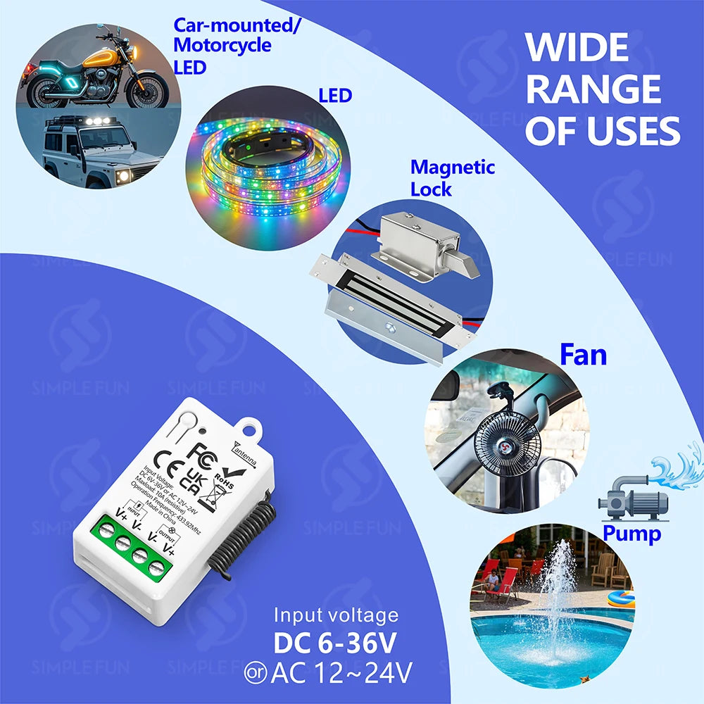 433Mhz Wireless Remote Control Light Switch DC 6V 12V 24V 30V 36V 10A Relay Receiver 500m Range,for LED Pumps Fan Magnetic Lock