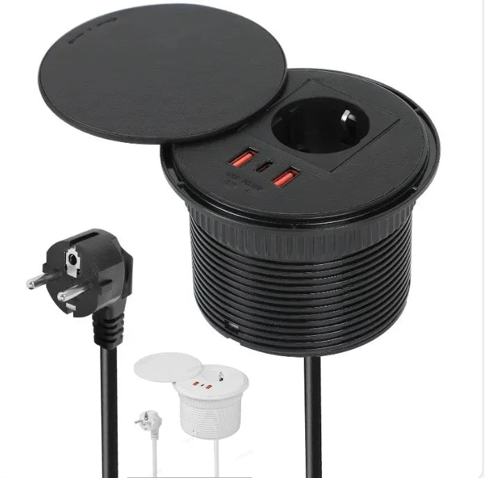 FUNAYA Embedded Circular Desktop Socket EU SG UK Plug with USB TYPE-C Charging Built-in Desk Countertop Table Extension Outlets