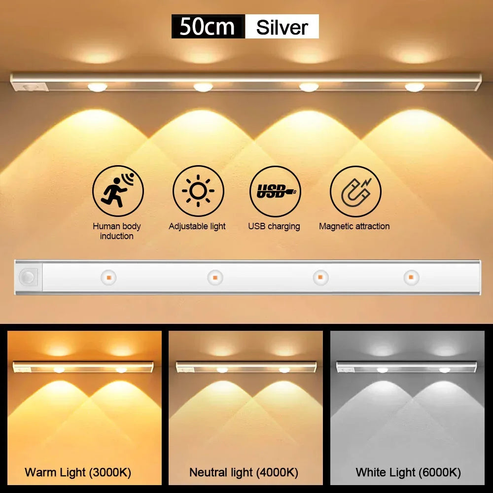 White/Black LED Cabinet Light USB Rechargeable Motion Sensor LED Light for Kitchen Wardrobe Cabinet Lighting 20CM/30CM/40CM/50CM