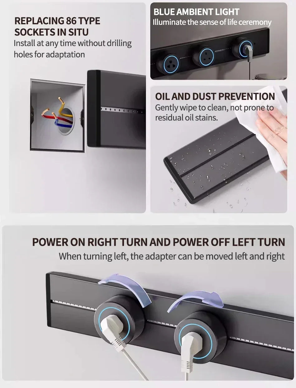 40cm 50cm Track Socket Wall Power Rail Movable Sockets High End Home Appliance Power 8000W EU US UK Standard USB Type c Ports