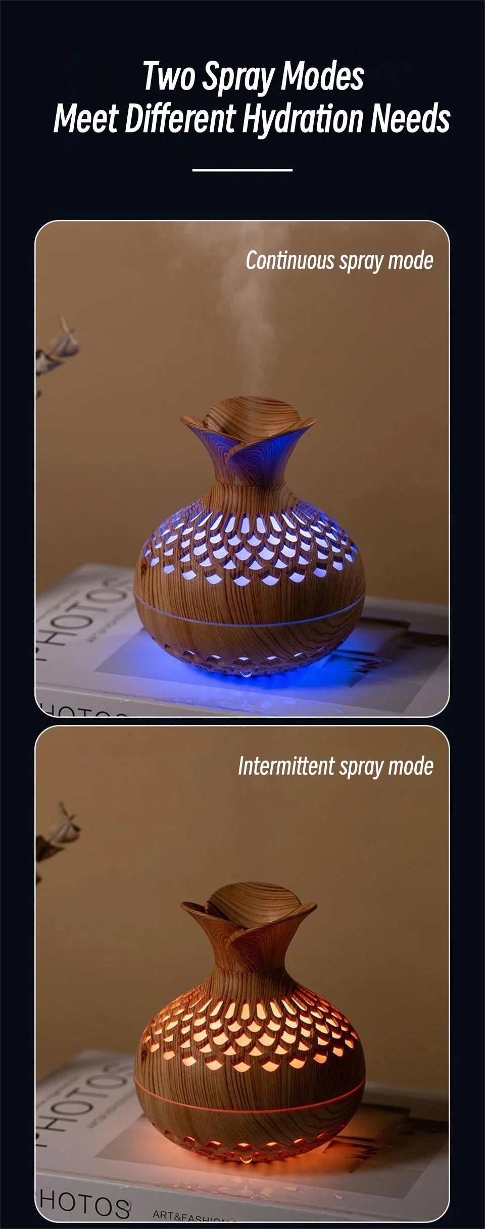 Wood Grain Vase Humidifier Household Electric Ultrasonic Air Humidifier Desktop Essential Oil Diffuser Air Purifier Home Room