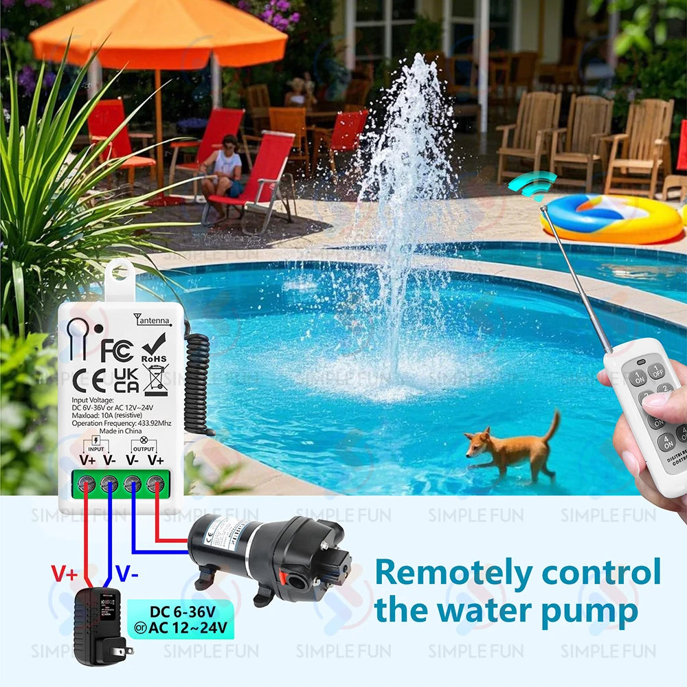 433Mhz Wireless Remote Control Light Switch DC 6V 12V 24V 30V 36V 10A Relay Receiver 500m Range,for LED Pumps Fan Magnetic Lock