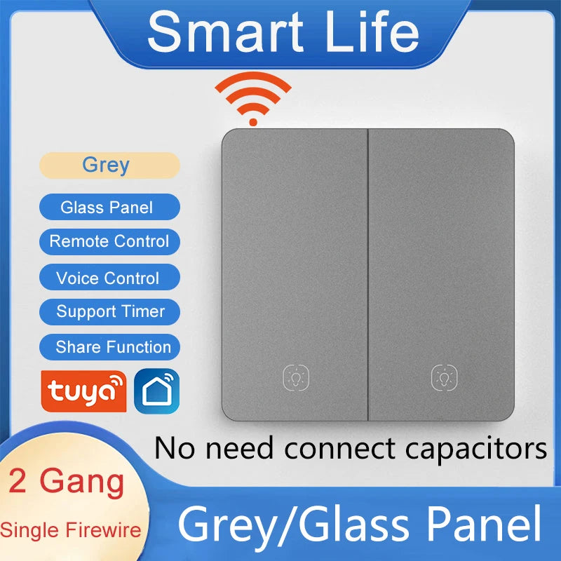Tuya Smart WiFi Smart Light Switches glass panel No Neutral Wire No capacitor required Remote control Support Alexa Google Home