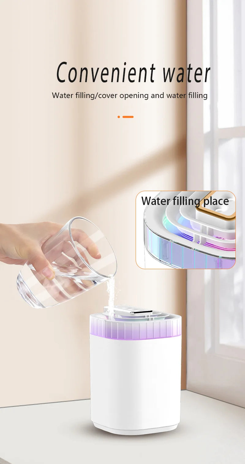 3L Ultrasonic Air Humidifier Cool Mist Humidifier with Night Light and Three Nozzles Quiet USB Aromatic Humidifier for Home