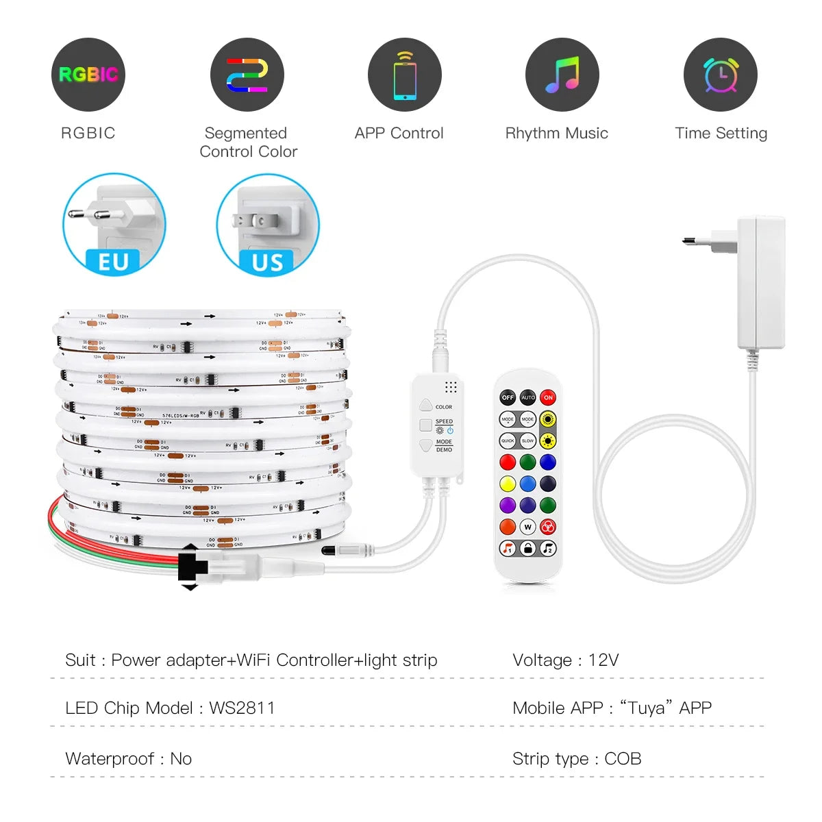 12V Tuya Smart Life App Control RGBIC COB LED Strip Light DIY Addressable WS2811 IC Flexible Tape Ambinet Light for Alexa Google