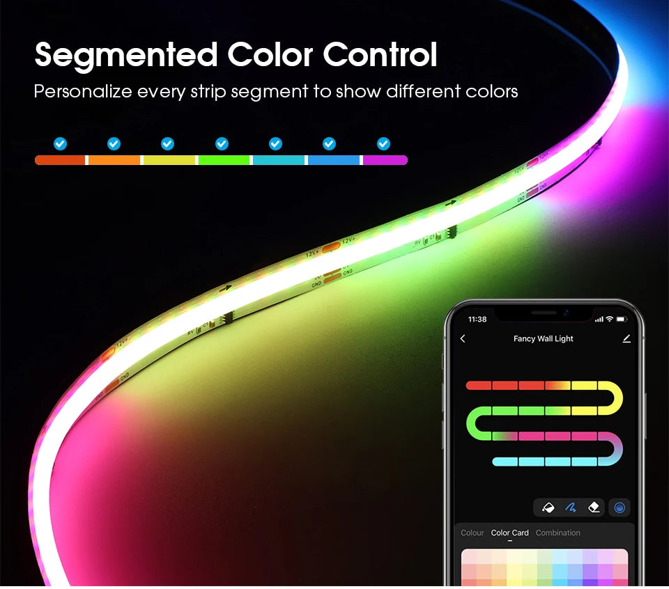 12V Tuya Smart Life App Control RGBIC COB LED Strip Light DIY Addressable WS2811 IC Flexible Tape Ambinet Light for Alexa Google