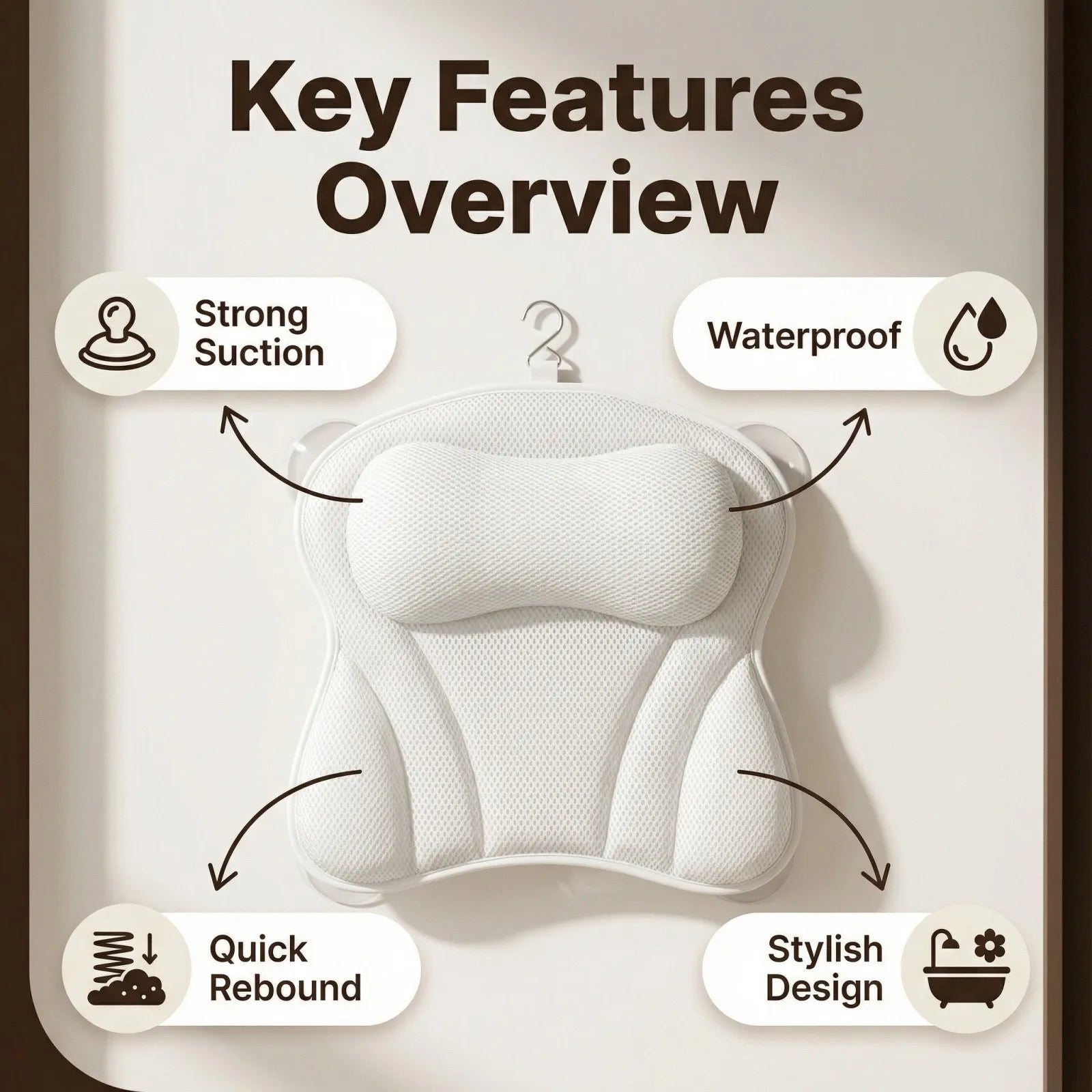 Bathtub Pillow for Tub, Bath Pillow for Neck & Back Support with Strong Suction Cups, Soft Spa Bath Pillow