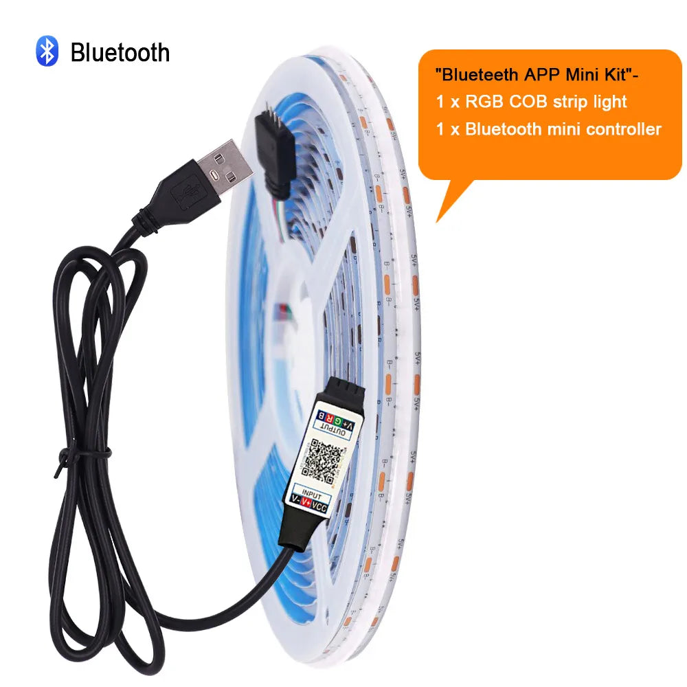 Wifi Bluetooth-compatible RGB COB LED Strip Light 5V 24key 44key Kit Remote Control 576LED High Density Linear Lights Flex Tape