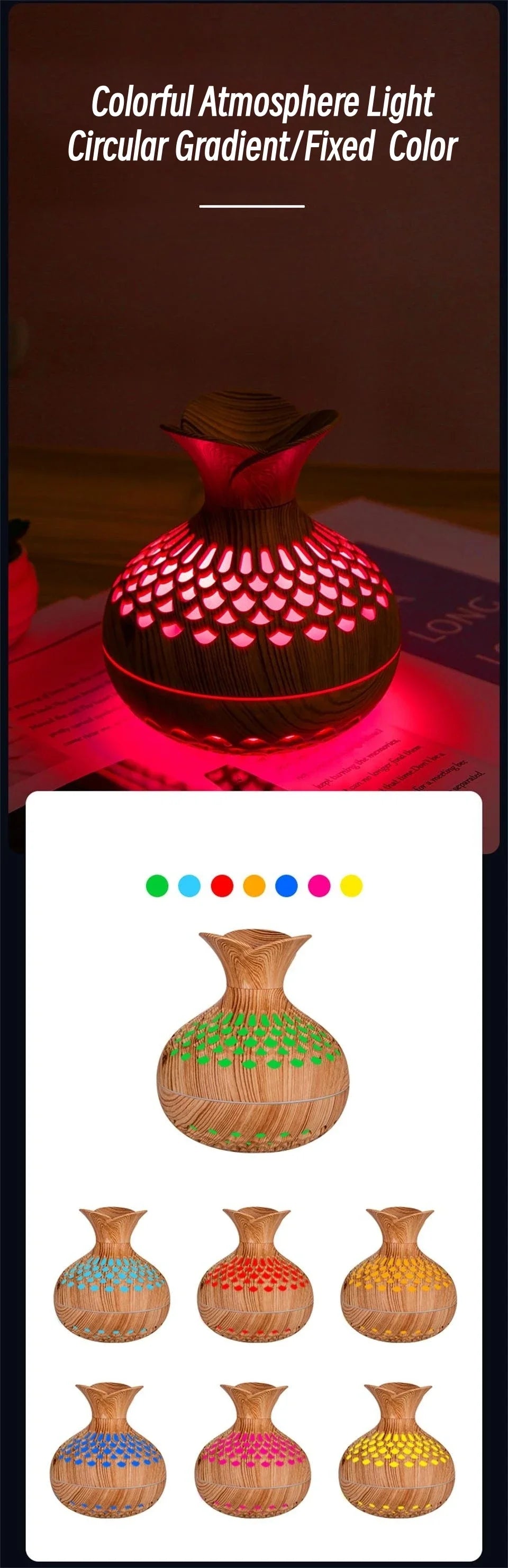 Wood Grain Vase Humidifier Household Electric Ultrasonic Air Humidifier Desktop Essential Oil Diffuser Air Purifier Home Room