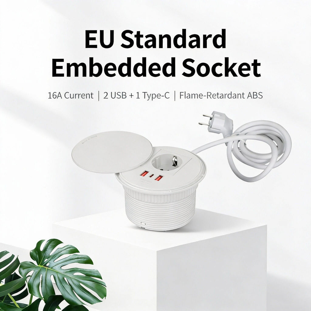 FUNAYA Embedded Circular Desktop Socket EU SG UK Plug with USB TYPE-C Charging Built-in Desk Countertop Table Extension Outlets