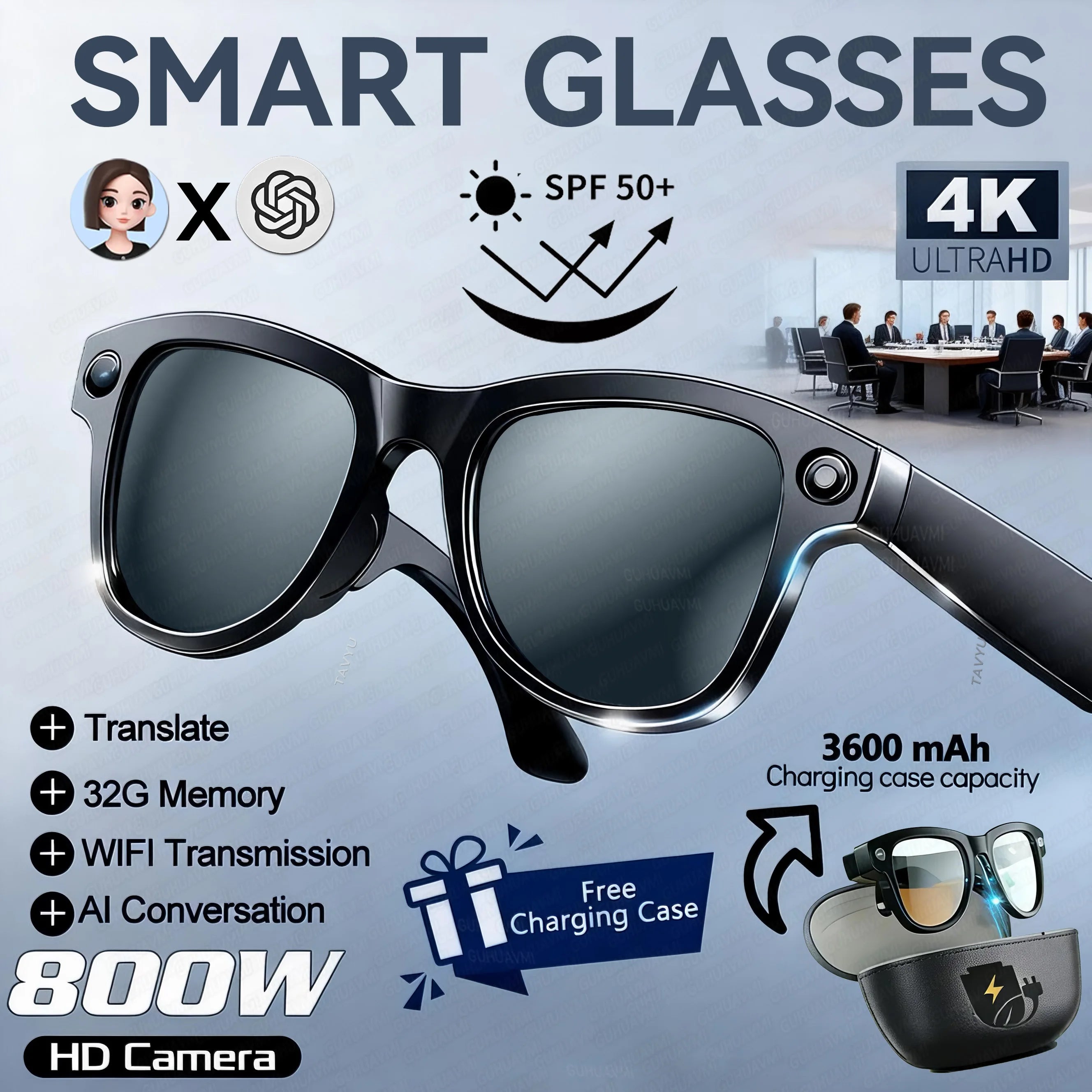 2026 New 32G Memory 800W 4K Camera Smart Glasses Men Photos&Videos 3600mAh Power Bank 120+Languages Translation AI Glasses Women