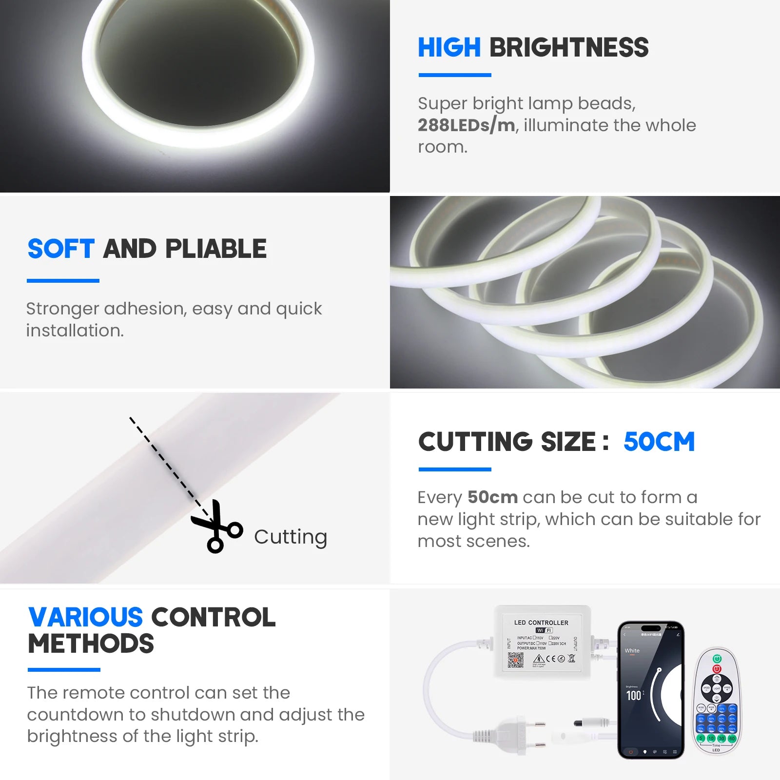 220V Smart COB Strip LED Neon Light 10M 20M 30M 288Leds/m WIFI Bluetooth Dimmable Tape IP67 Waterproof Rope For Room Outdoor