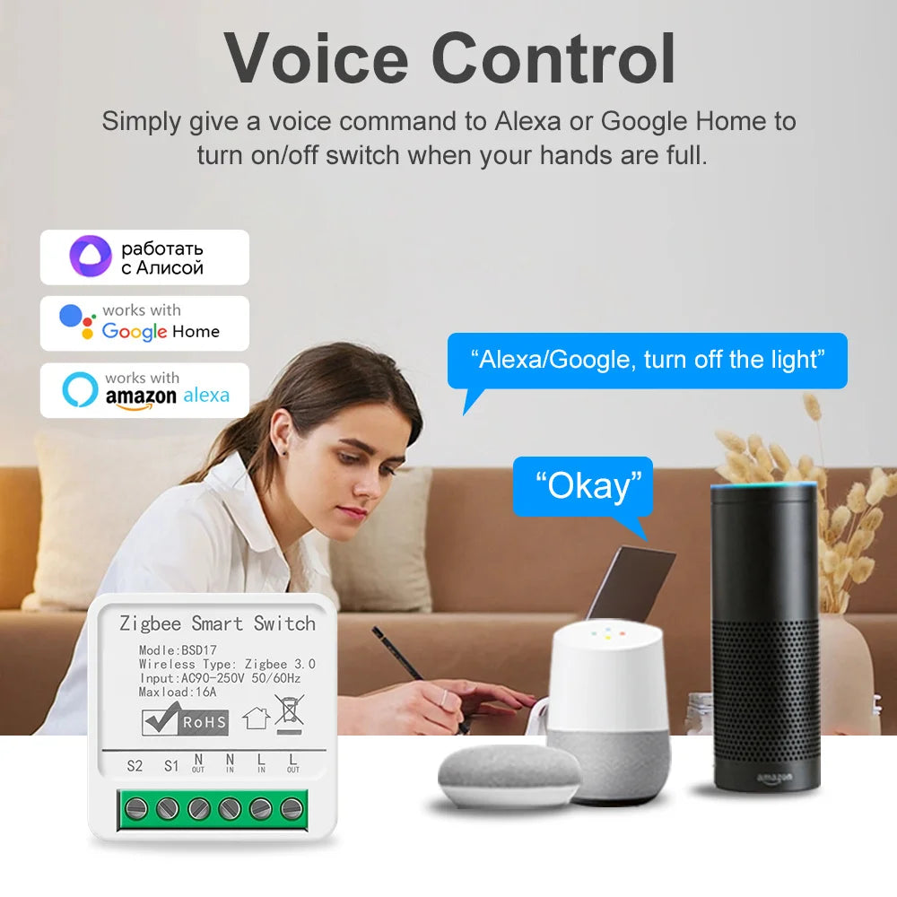 16A ZigBee 3.0 Smart Switch Automation DIY Light Switches Module Supports 2 Way Control Wok Alexa Google Home Zigbee 2Mqtt