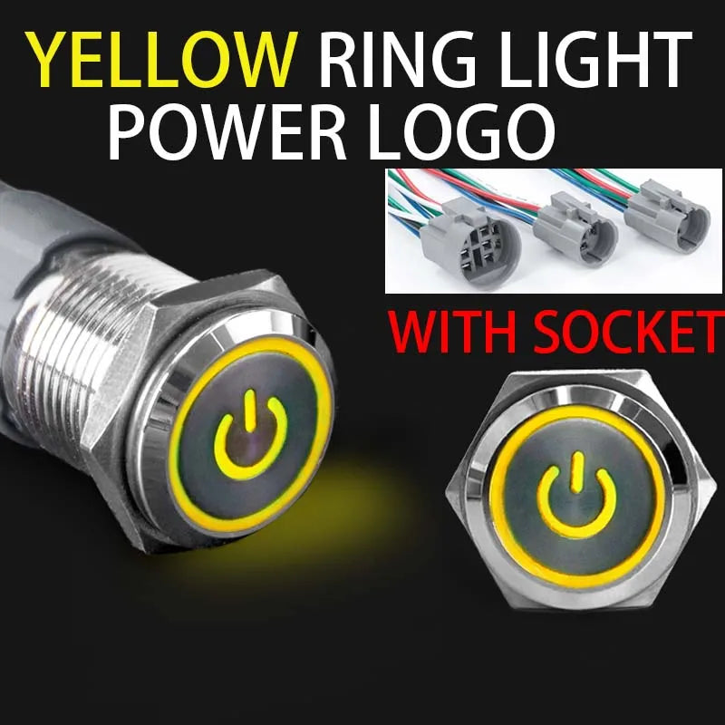 16 19 22mm With Wire Waterproof Metal Push Button Switch LED Ring/Power Light Momentary Latching 5/12/24/220V silver1NO1NC