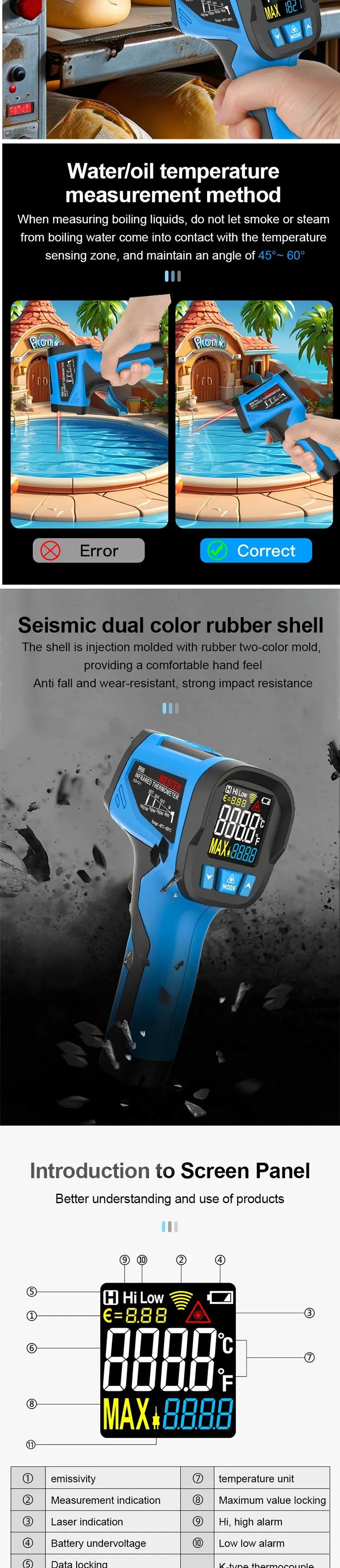 -50 to 800 Degree Mestek Digital Infrared Thermometer Laser Temperature Meter Non-contact Pyrometer Hygrometer IR Thermometer
