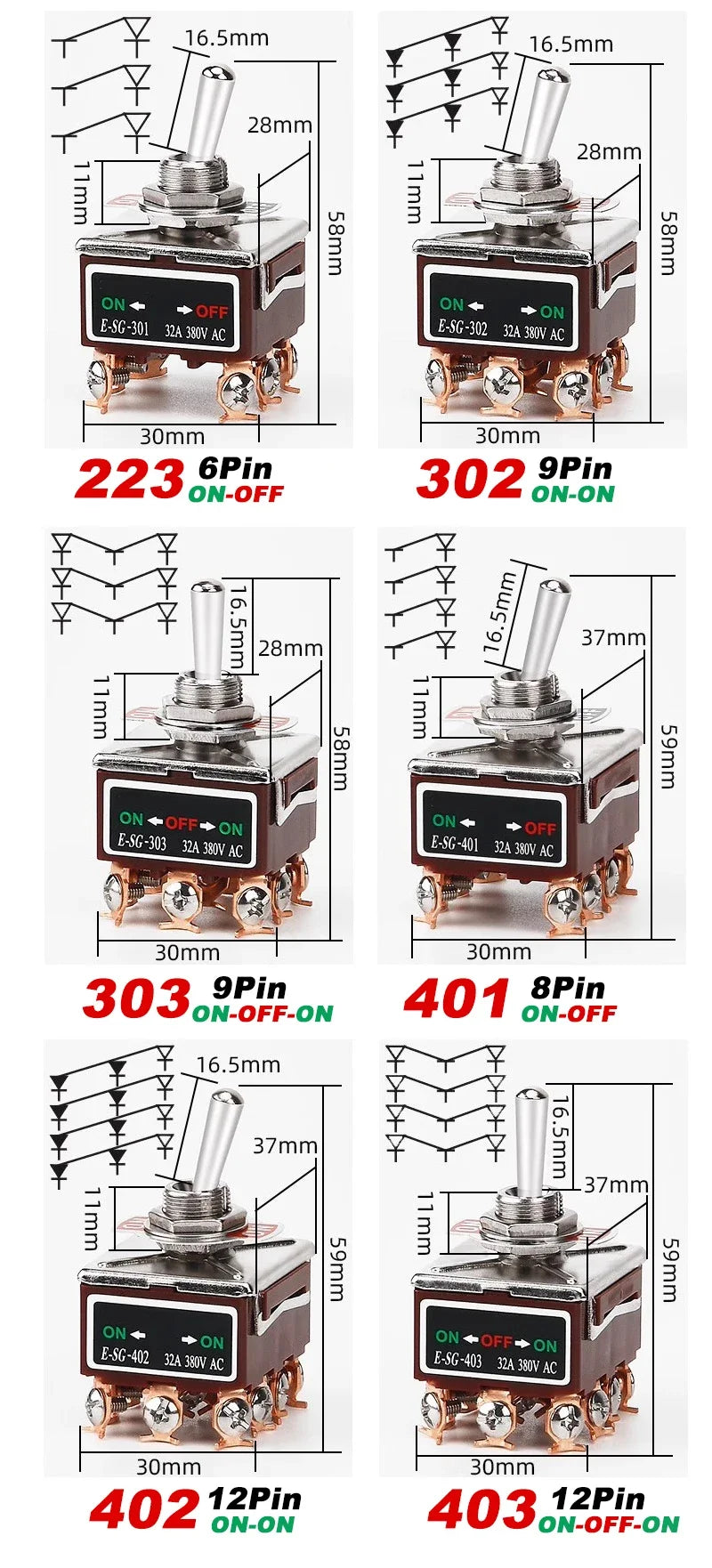 Copper Pin High Current Toggle Switch 2/3/4/6/8/9/12Pin Self Locking Rocker Switch E-SG-1321/1322/1021/1121/123/223