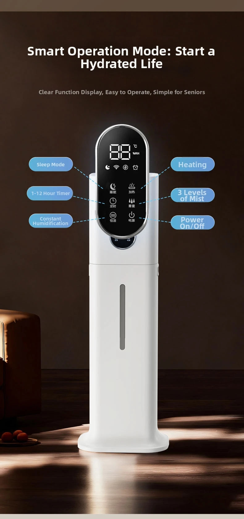 8L Smart Humidifier for Large Room, Ultra Quiet Mist Cooler with Auto Humidity Control, 360° Nozzle, Timer - Ideal For Home