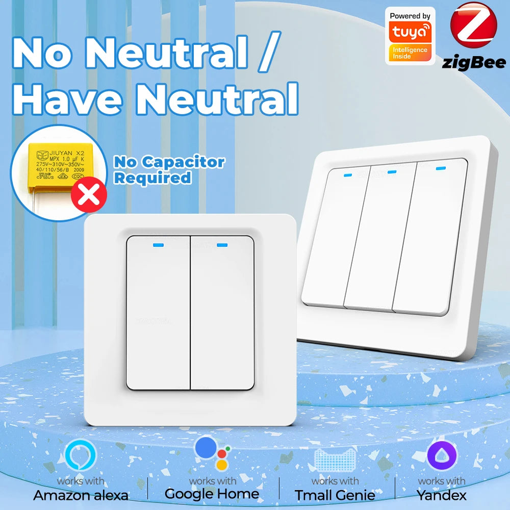 Tuya Zigbee Smart Switch No Neutral Wire No Capacitor 1/2/3Gang EU Wall Push Light Switch Smart Life APP Voice for Alexa Google