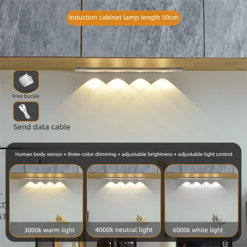 Wireless Ultra Thin Motion Sensor LED Cabinet Light Dimmable Lamp USB Rechargeable 3 Colors for Kitchen Wardrobe Bedroom Stairs