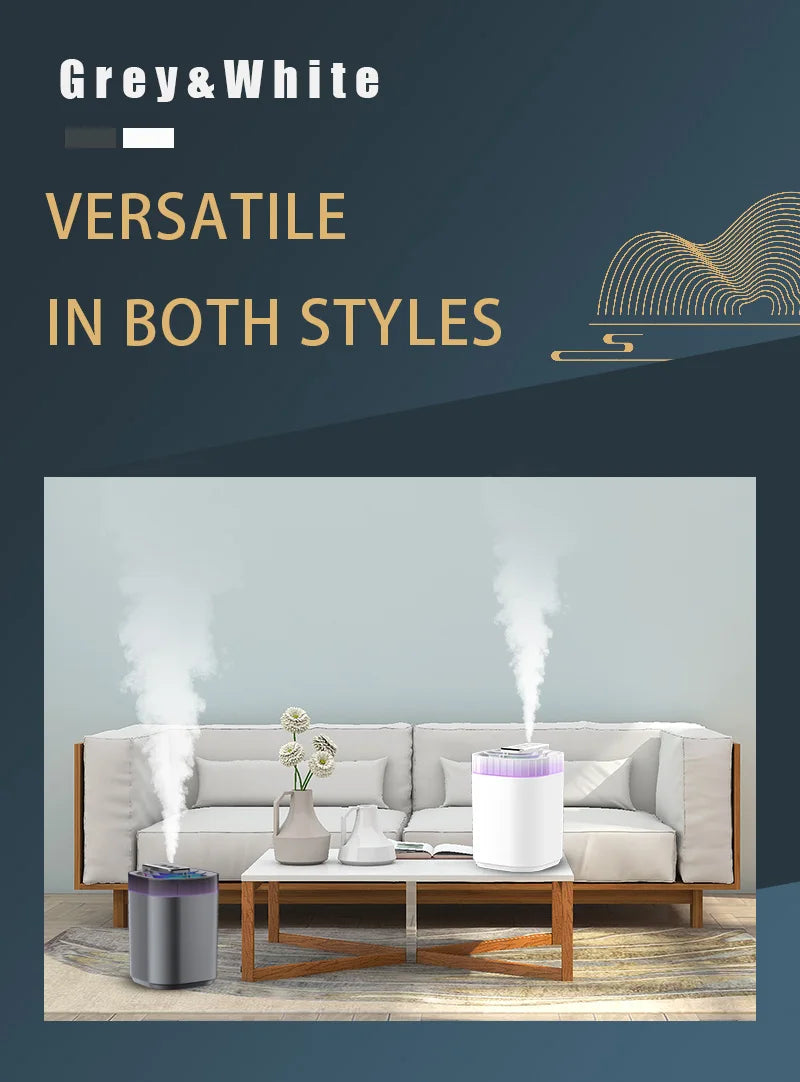 3L Ultrasonic Air Humidifier Cool Mist Humidifier with Night Light and Three Nozzles Quiet USB Aromatic Humidifier for Home