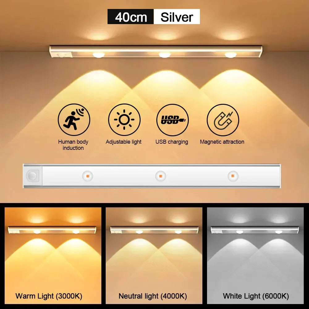 White/Black LED Cabinet Light USB Rechargeable Motion Sensor LED Light for Kitchen Wardrobe Cabinet Lighting 20CM/30CM/40CM/50CM