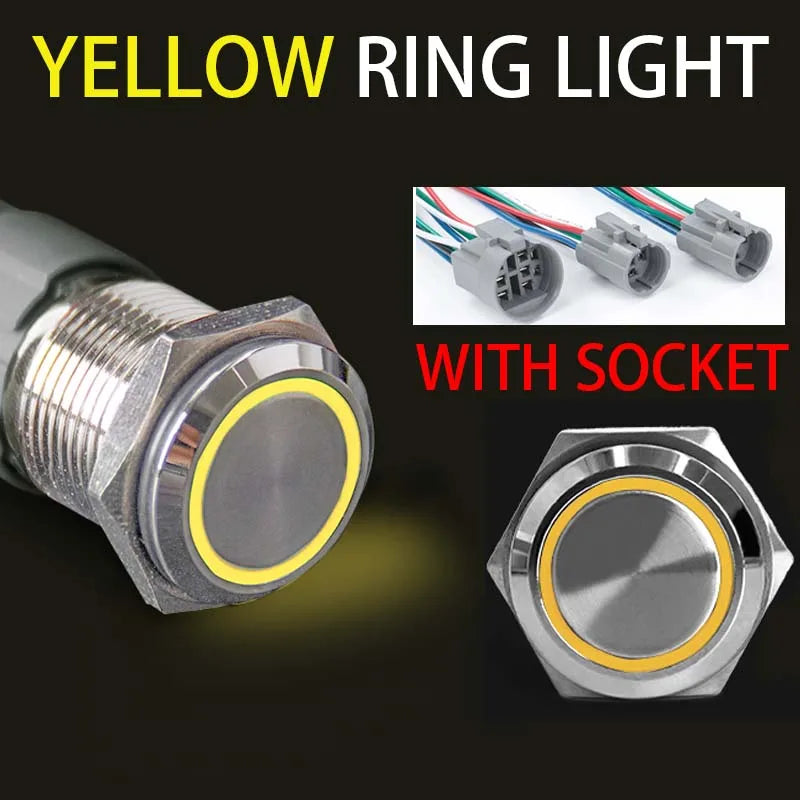 16 19 22mm With Wire Waterproof Metal Push Button Switch LED Ring/Power Light Momentary Latching 5/12/24/220V silver1NO1NC