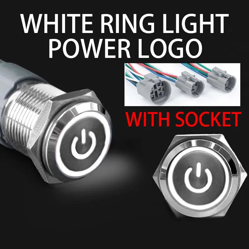 16 19 22mm With Wire Waterproof Metal Push Button Switch LED Ring/Power Light Momentary Latching 5/12/24/220V silver1NO1NC