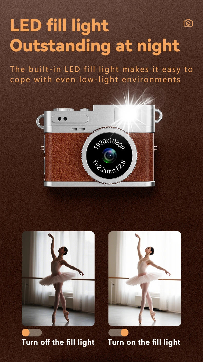 Retro Digital Camera 1080P Video Recorder LED Fill Light 0.96 Inch IPS Screen Portable Mini Digital Camera