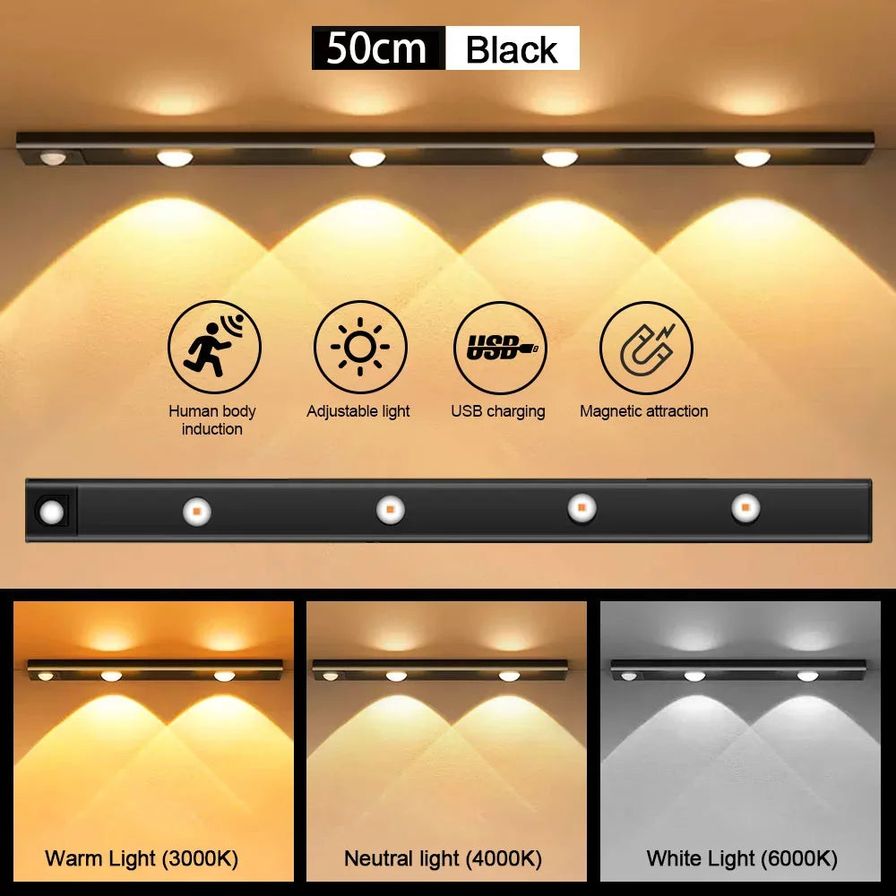 White/Black LED Cabinet Light USB Rechargeable Motion Sensor LED Light for Kitchen Wardrobe Cabinet Lighting 20CM/30CM/40CM/50CM