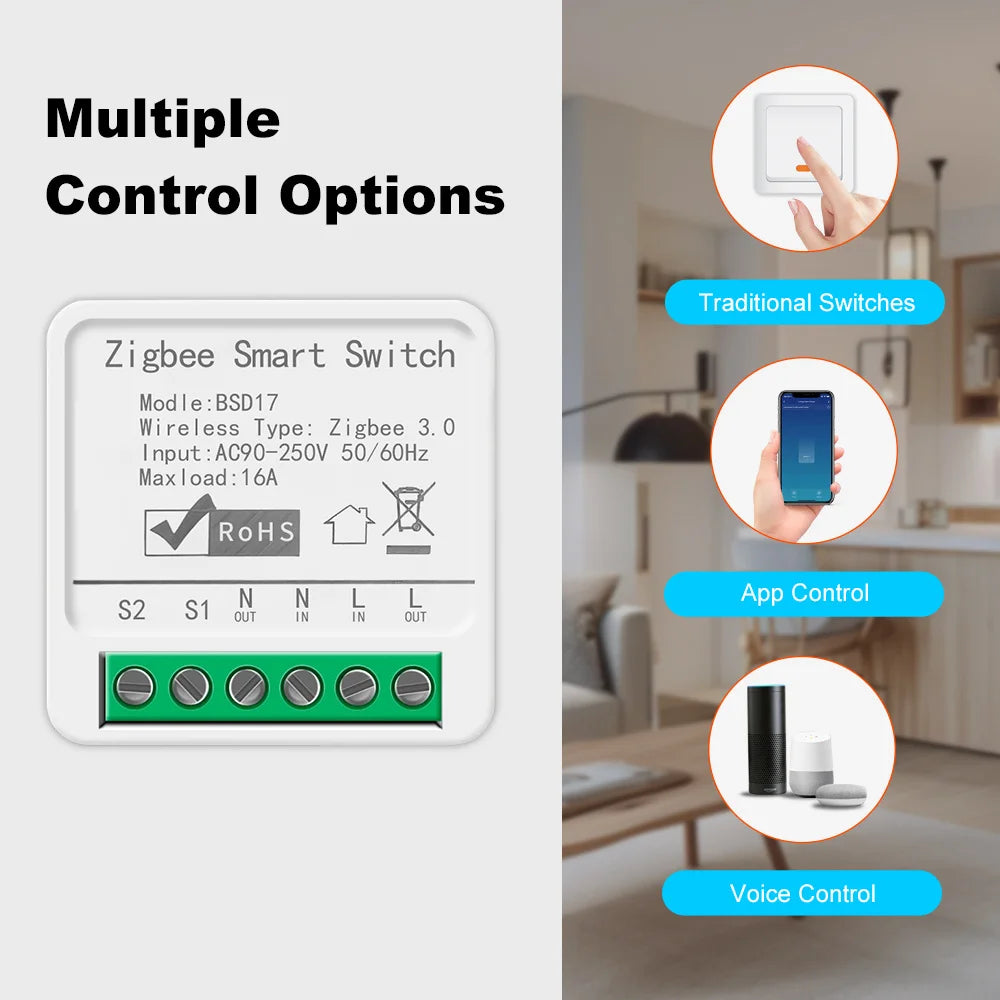 16A ZigBee 3.0 Smart Switch Automation DIY Light Switches Module Supports 2 Way Control Wok Alexa Google Home Zigbee 2Mqtt