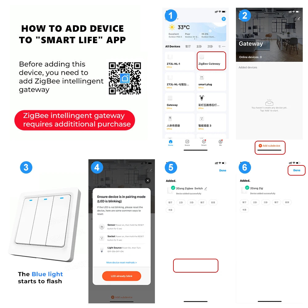 Tuya Zigbee Smart Switch No Neutral Wire No Capacitor 1/2/3Gang EU Wall Push Light Switch Smart Life APP Voice for Alexa Google