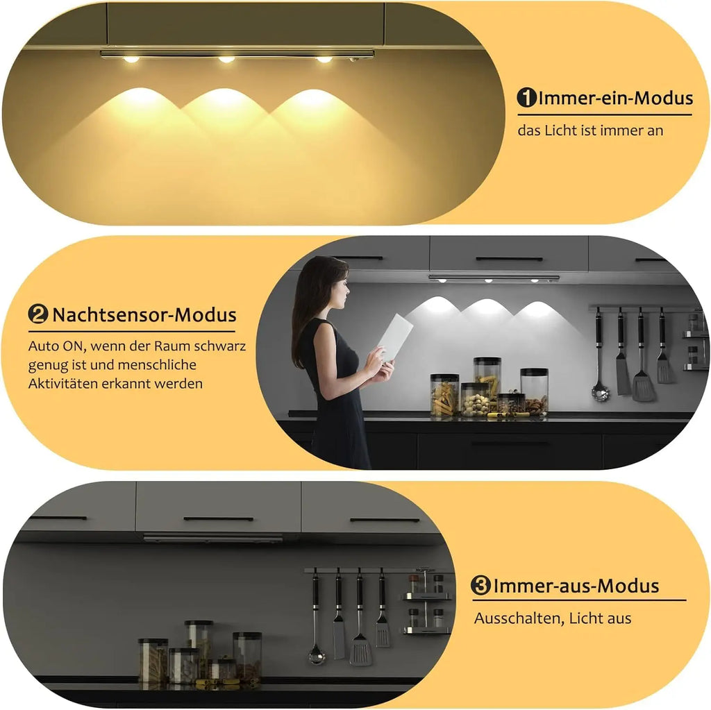 Wireless Ultra Thin Motion Sensor LED Cabinet Light Dimmable Lamp USB Rechargeable 3 Colors for Kitchen Wardrobe Bedroom Stairs