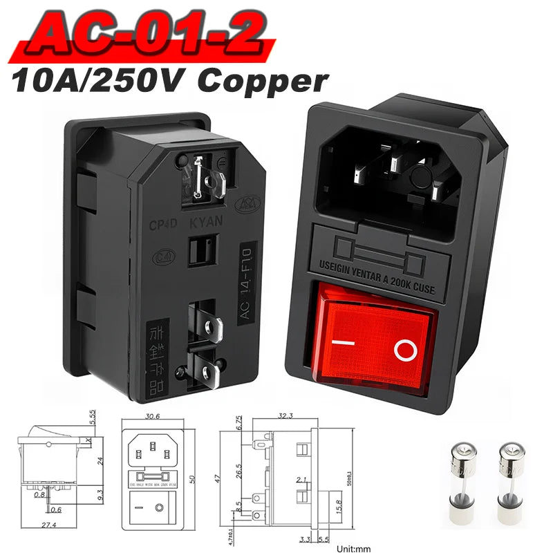 IEC 320 C13 C14 AC Inlet Power Plug Socket 250V 10A Fuse Red Lamp Rocker Switch Rewirable 3Pin Electrical Male Female Connector