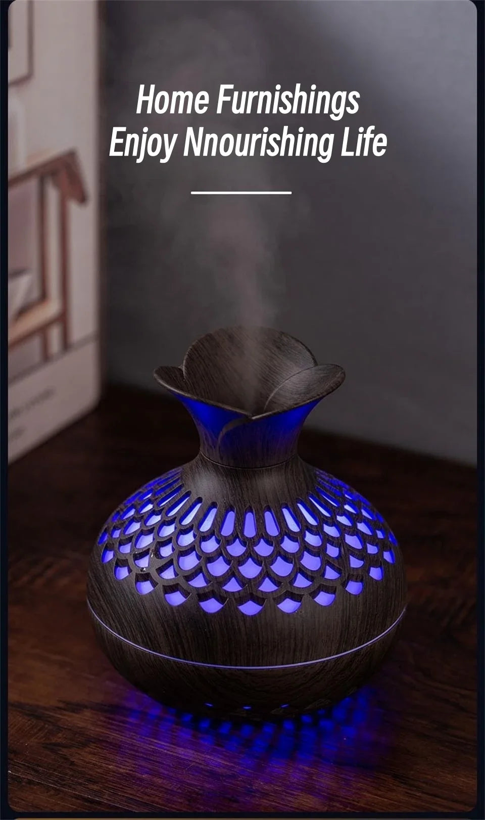 Wood Grain Vase Humidifier Household Electric Ultrasonic Air Humidifier Desktop Essential Oil Diffuser Air Purifier Home Room