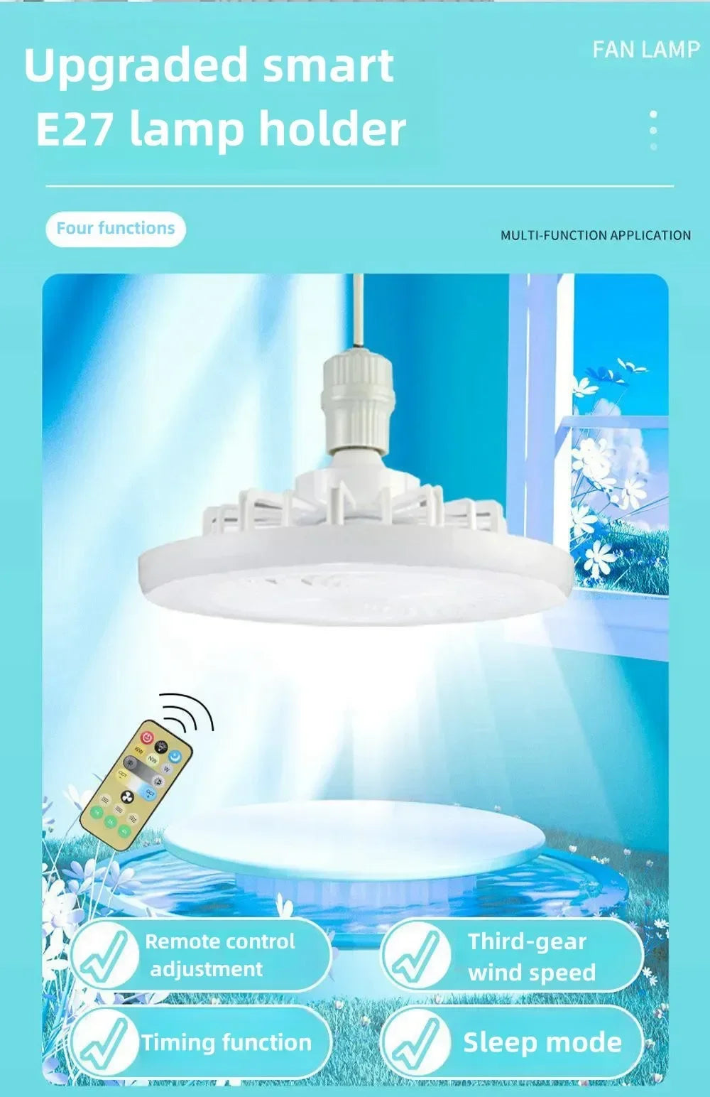 Smart 3 In 1 Ceiling Fan With Remote Control Lighting E27 Conversion Base 85-265v Lighting Base Suitable for Bedroom and Living