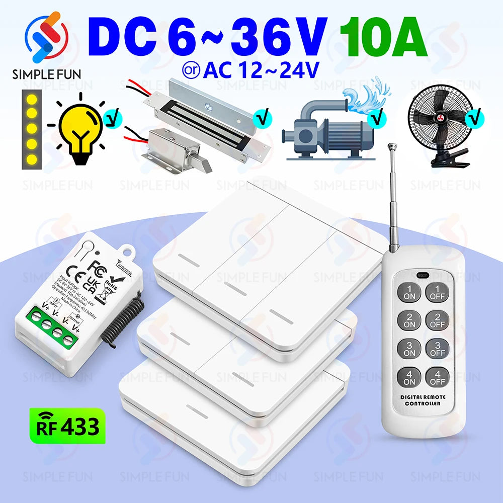 433Mhz Wireless Remote Control Light Switch DC 6V 12V 24V 30V 36V 10A Relay Receiver 500m Range,for LED Pumps Fan Magnetic Lock