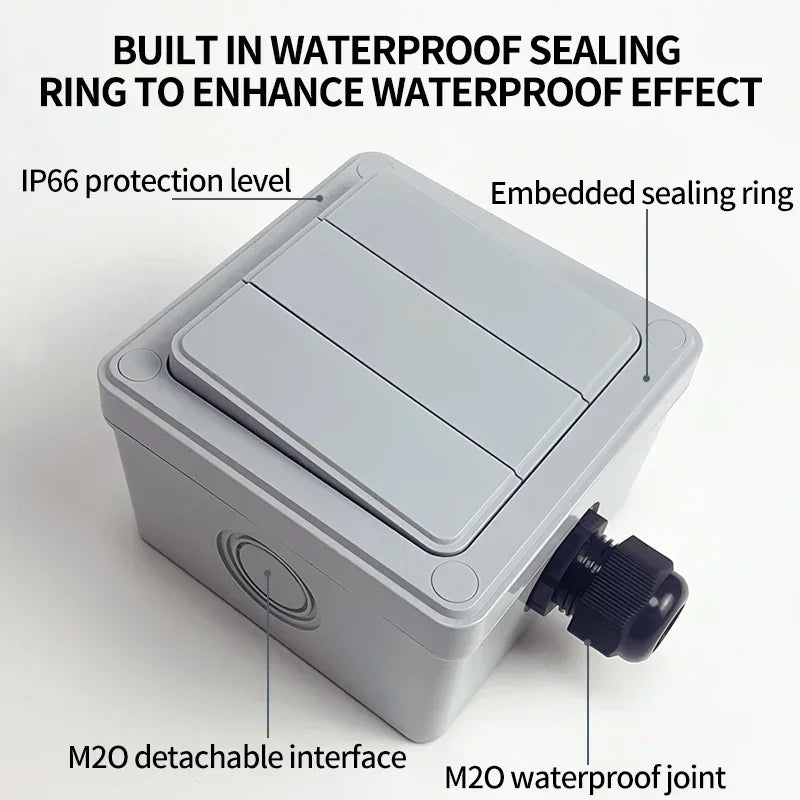 IP66 Rated Outdoor Wall Switch - Weatherproof Push Button, 1/2/3 Gang 16A for Home & Garden