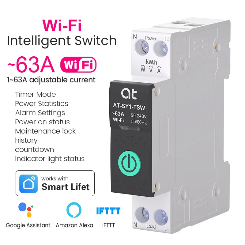 Tuya WiFi Circuit Breaker Smart 1P+N 63A  MCB Timer Power Energy kWh Voltage Current Meter Protector Voice Remote Control Switch