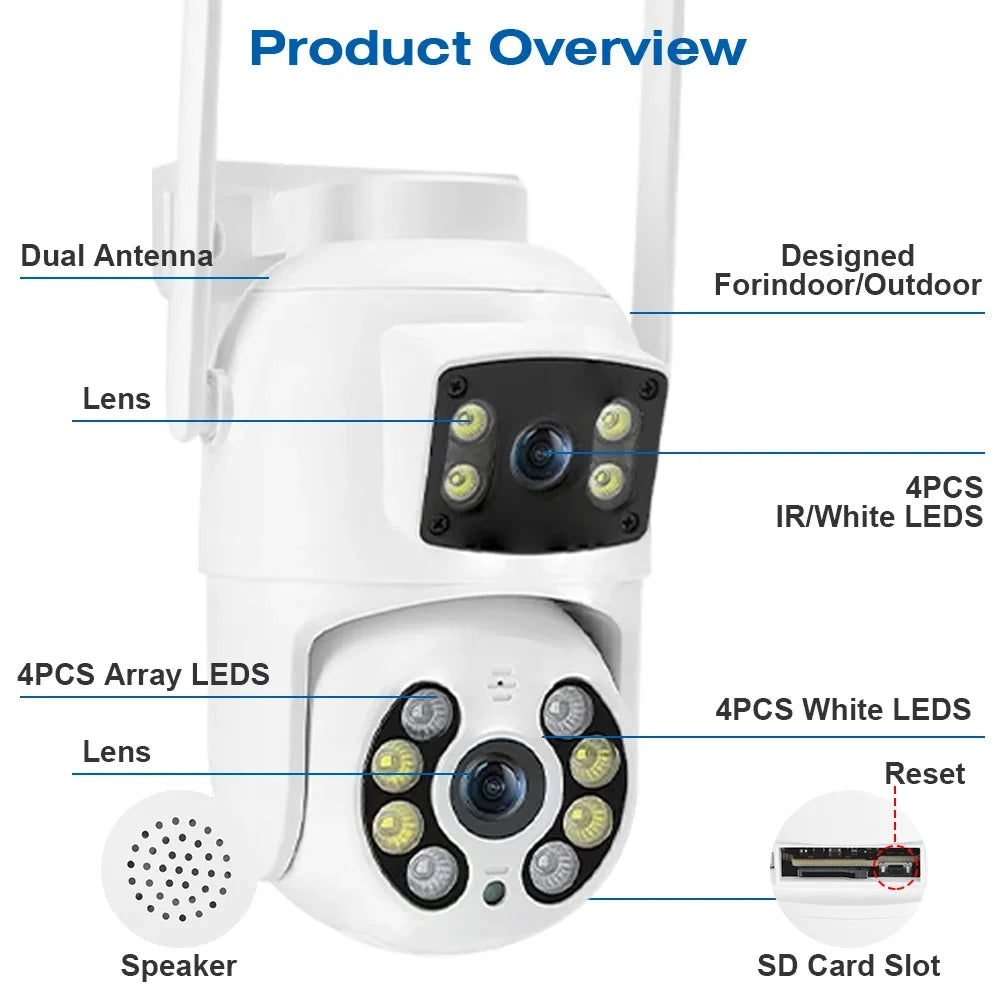 TAITAS 8MP 4K PTZ Wifi Camera with Dual Lens Dual Screens AI Human Detection Wireless Outdoor CCTV Security IP Camera Ziicam
