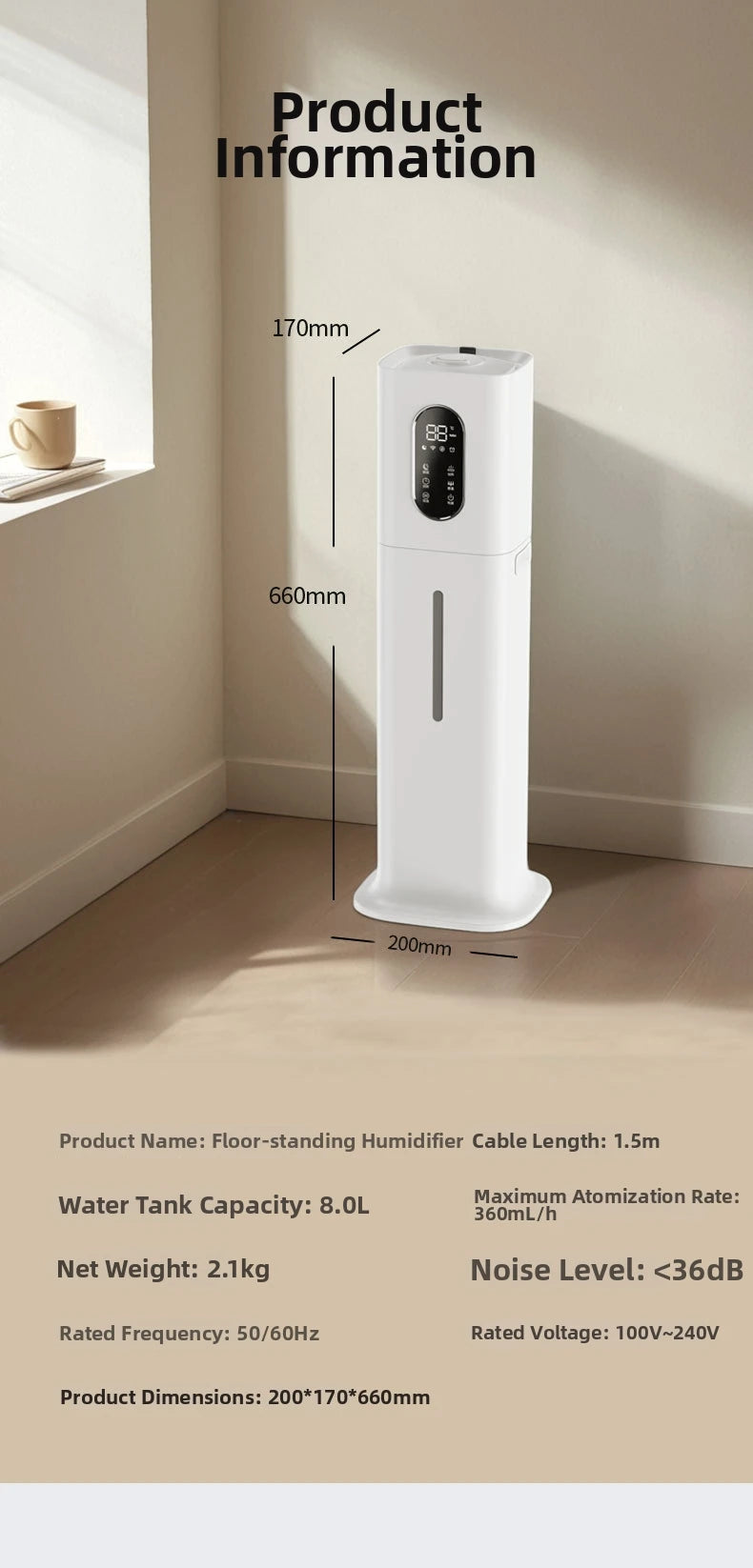 8L Smart Humidifier for Large Room, Ultra Quiet Mist Cooler with Auto Humidity Control, 360° Nozzle, Timer - Ideal For Home