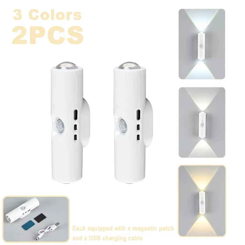Smart RGB Double-head Wall Light Motion Sensor Magnetic Night Light Rechargeable Spotlight for Bedroom Closet Garden Room Decor