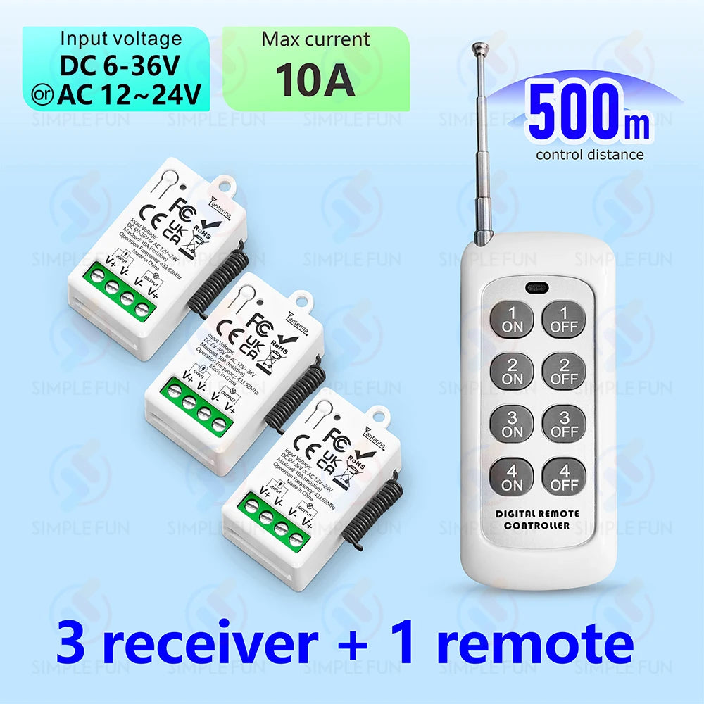 433Mhz Wireless Remote Control Light Switch DC 6V 12V 24V 30V 36V 10A Relay Receiver 500m Range,for LED Pumps Fan Magnetic Lock