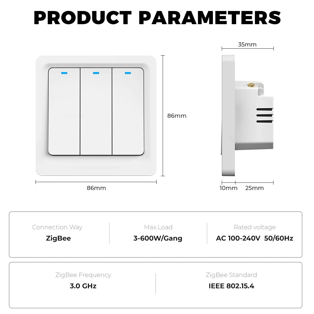 Tuya Zigbee Smart Switch No Neutral Wire No Capacitor 1/2/3Gang EU Wall Push Light Switch Smart Life APP Voice for Alexa Google