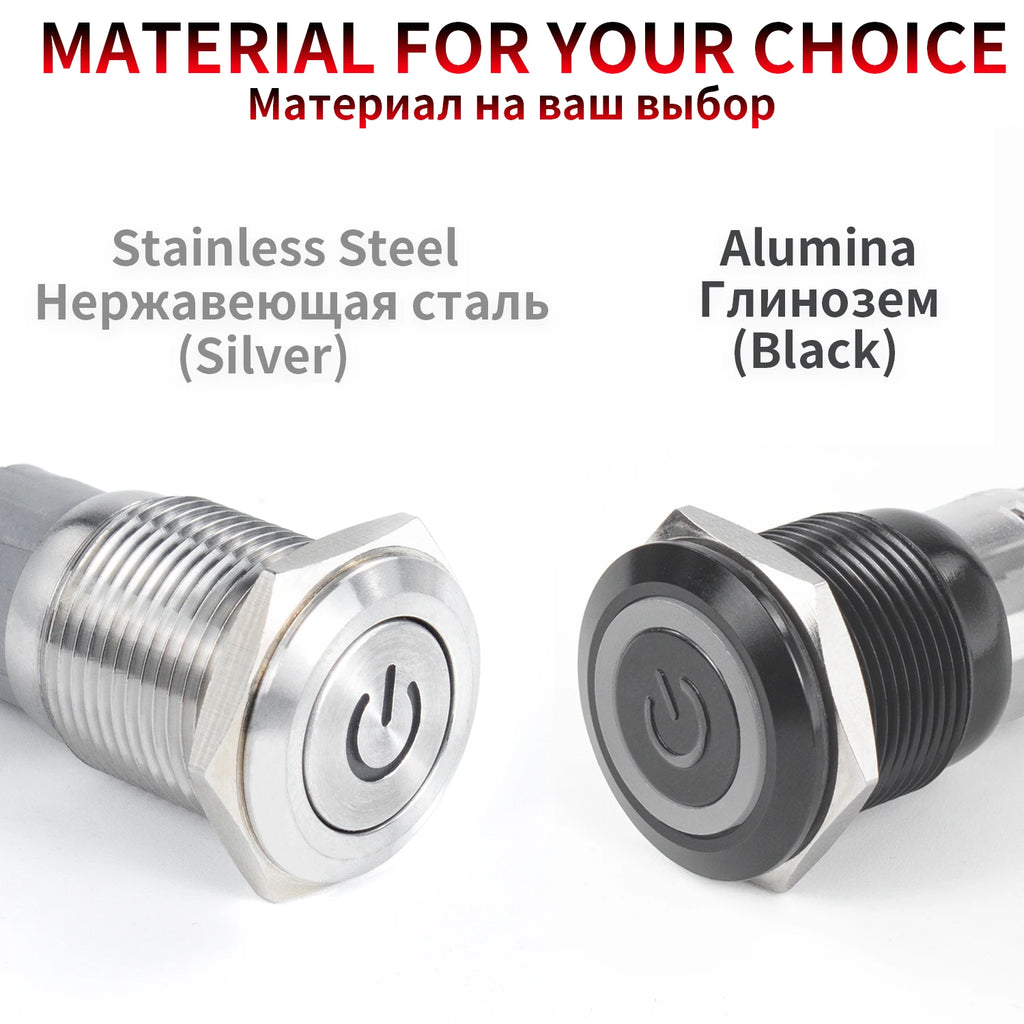 16 19 22mm With Wire Waterproof Metal Push Button Switch LED Ring/Power Light Momentary Latching 5/12/24/220V silver1NO1NC