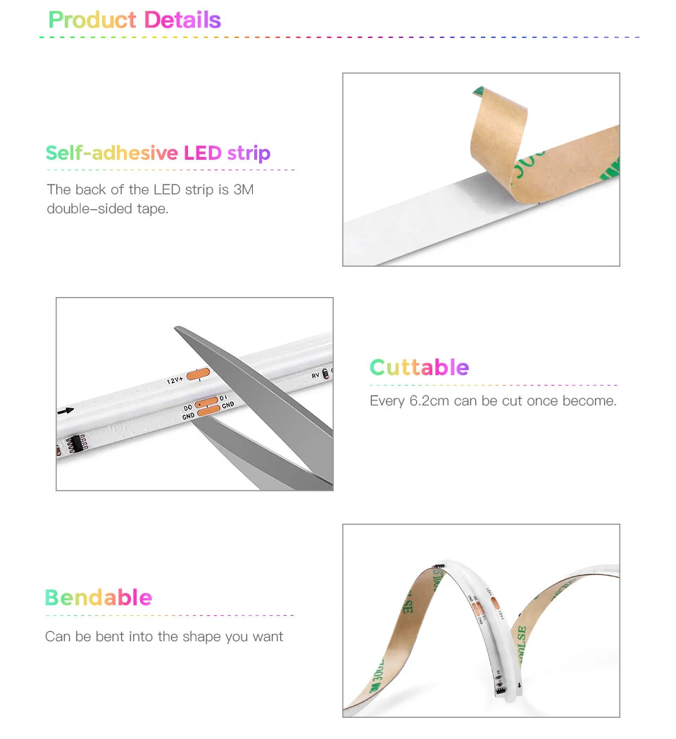 12V Tuya Smart Life App Control RGBIC COB LED Strip Light DIY Addressable WS2811 IC Flexible Tape Ambinet Light for Alexa Google