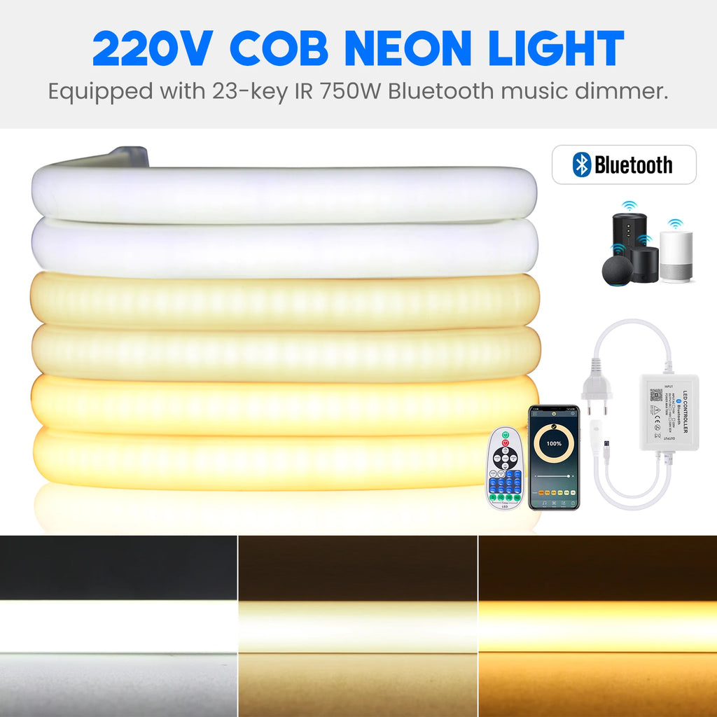 220V Smart COB Strip LED Neon Light 10M 20M 30M 288Leds/m WIFI Bluetooth Dimmable Tape IP67 Waterproof Rope For Room Outdoor